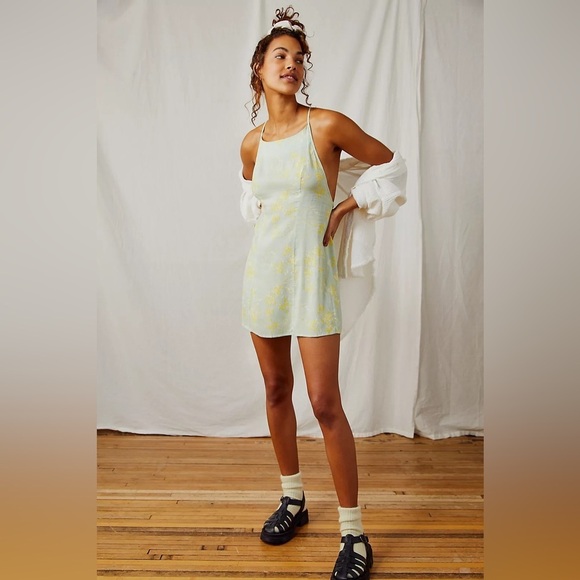 Free People In Control Mini Slip Dress Yellow Combo - Picture 1 of 5